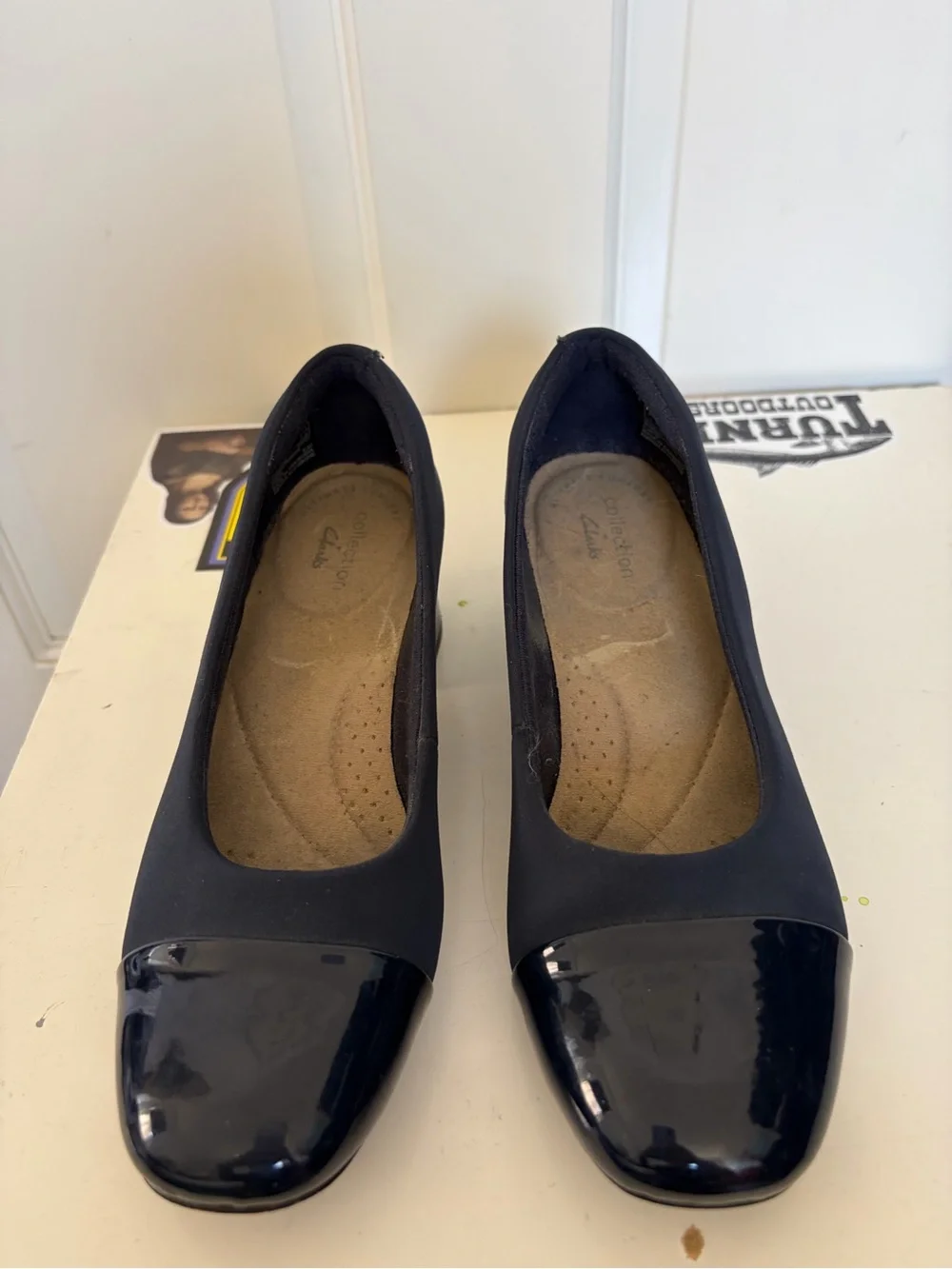 Clarks Navy Two-Tone Block Kitten Heels